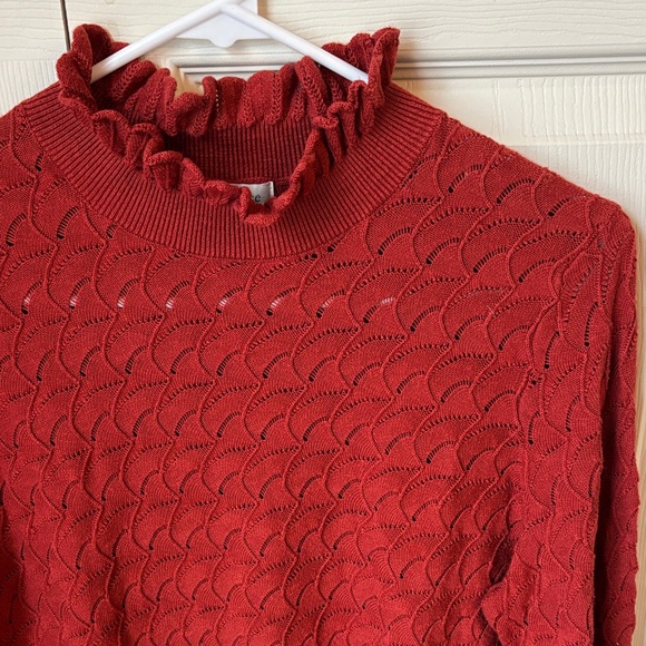 Sundance Frances Ruffle Turtleneck Sweater Scallop Pointelle Knit Rust Orange LG - Picture 5 of 11